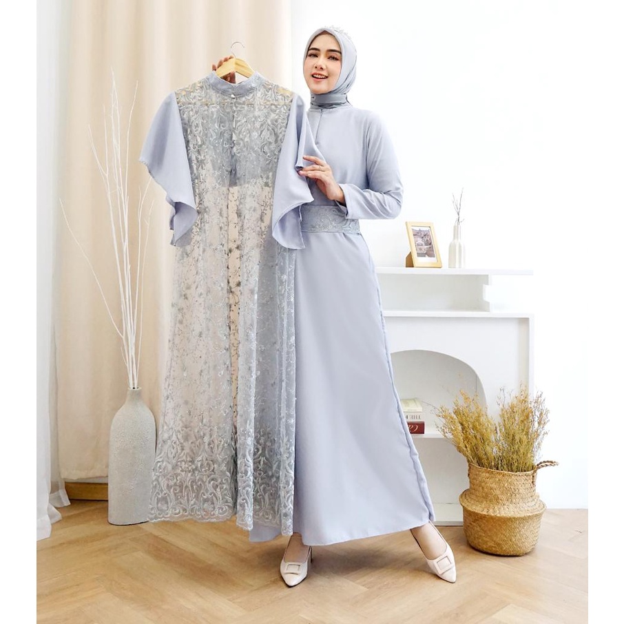 (Pasti Realpict) 2IN1 GEORGINA DRESS INNER + OUTER BRUKAT TILLE PREMIUM / FREE BELT / SET GAMIS MAXI DRESS KONDANGAN