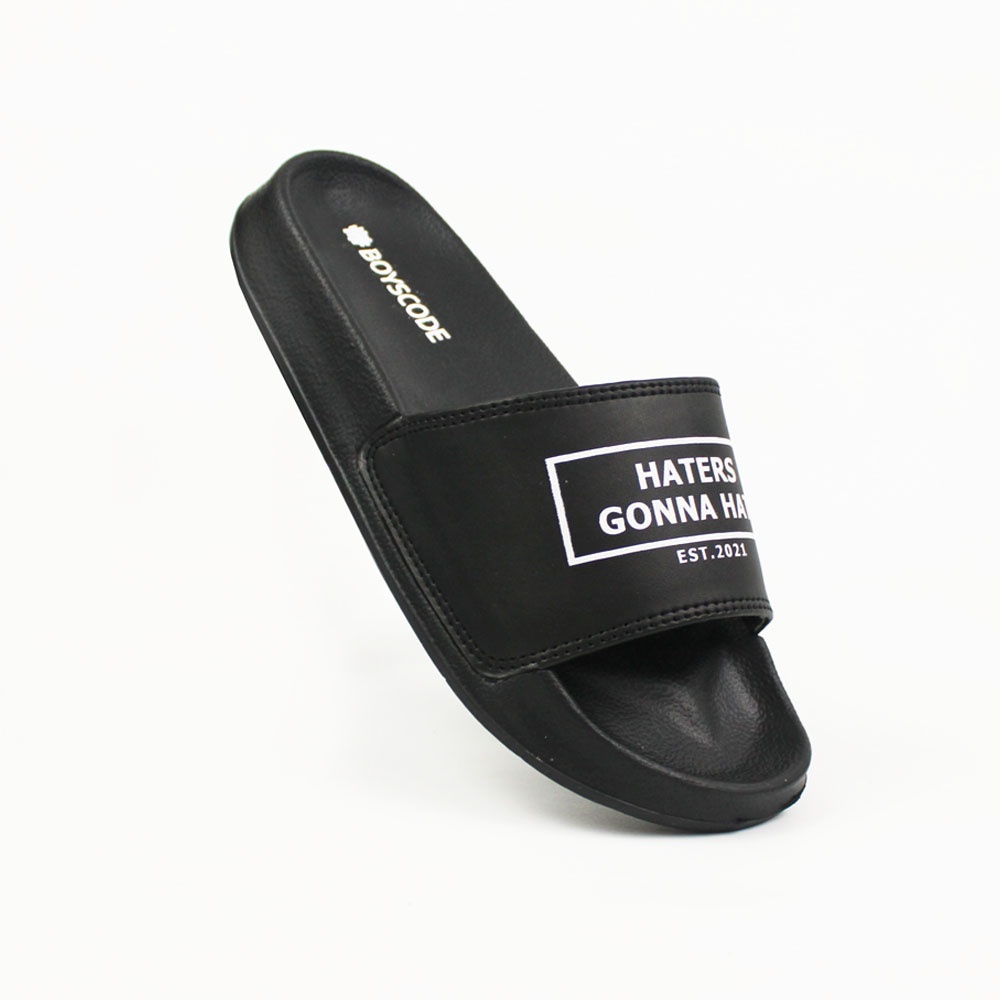 Sendal Selop BOYSCODE Haters Hitam Pria Wanita / Sandal Slide Cowok / Sandal Slip On / Sandal Distro