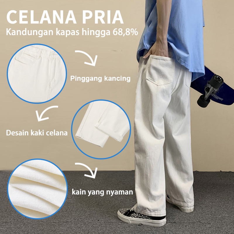 Celana Jeans Pria Model Kulot Oversize Straight jeans korean style longgar celana panjang pria baggy pants Putih celana kulot jeans gombrang