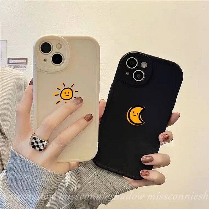 IPHONE Pasangan Case Kompatibel Untuk Iphone7 8 6 6s Plus 11 12 14 13 Pro Max14 Plus XR X XS MAX SE 2020 Bulan Matahari Warna Solid Sederhana Soft TPU Full Pelindung Ponsel Cover