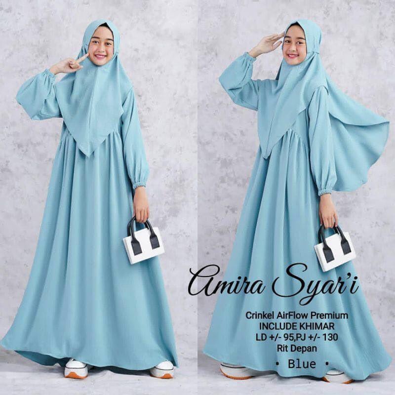 Baju Anak Tanggung Remaja Terbagus 2023 Kids Syar'i Anak Tanggung Remaja AMIRA SYAR'I Bahan Crinkle Airflow Premium + Khimar Gamis Anak Polos Umur 8 9 10 11 12 13 14 15 Tahun