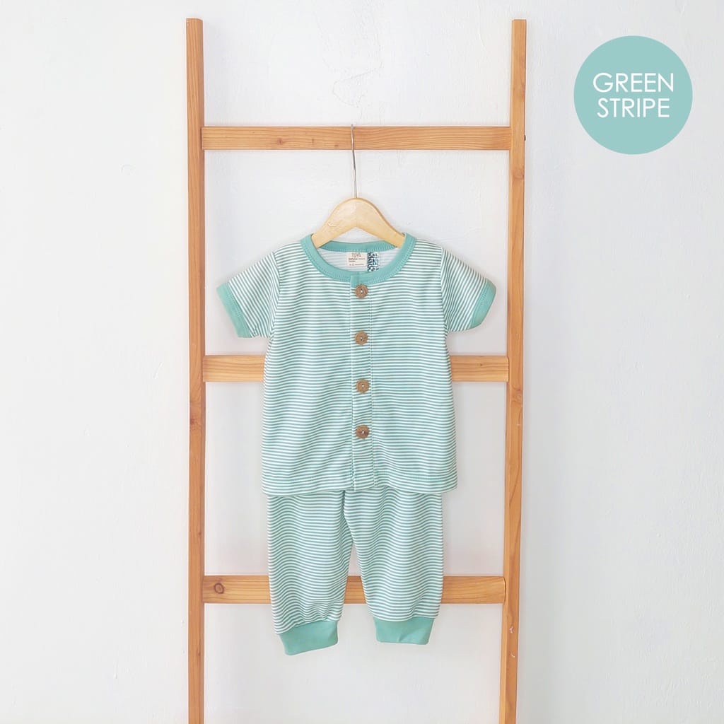 Ezy Button Set Combi Stripe Series Nova Baby Setelan Baju Pendek Celana Panjang Bayi Newborn Motif Garis Salur 0-24 Bulan