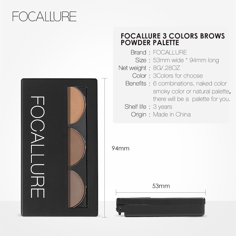 NIK - FOCALLURE Brow Powder FA04 | Eyebrow Kit | 3 Colors Eyebrow Powder Palette with Brush Mirror | BPOM ORIGINAL