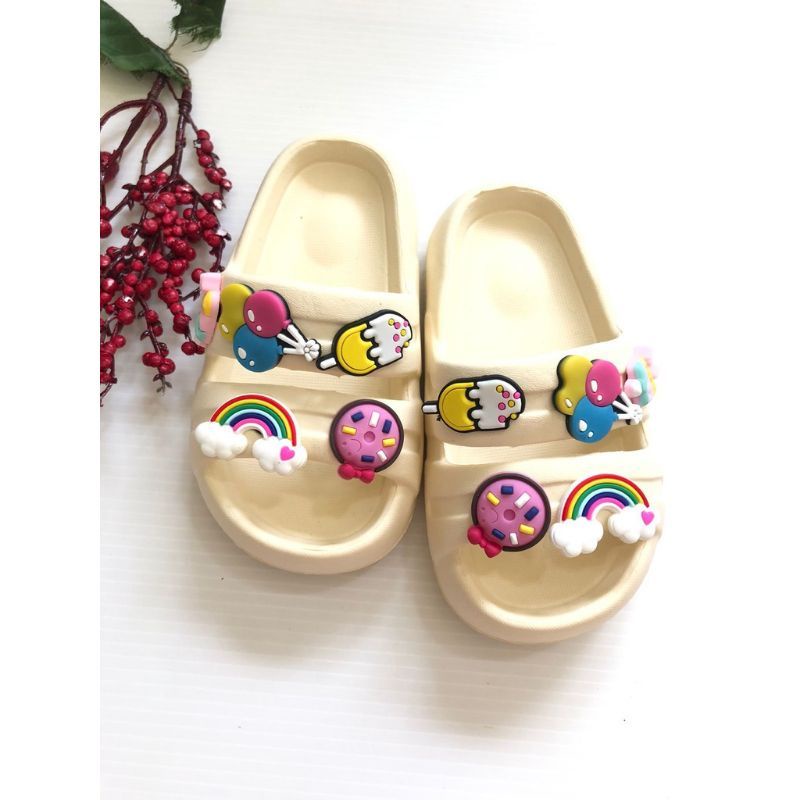 Sandal anak perempuan Casual ban dua slip on motif jibitz lucu gemoy