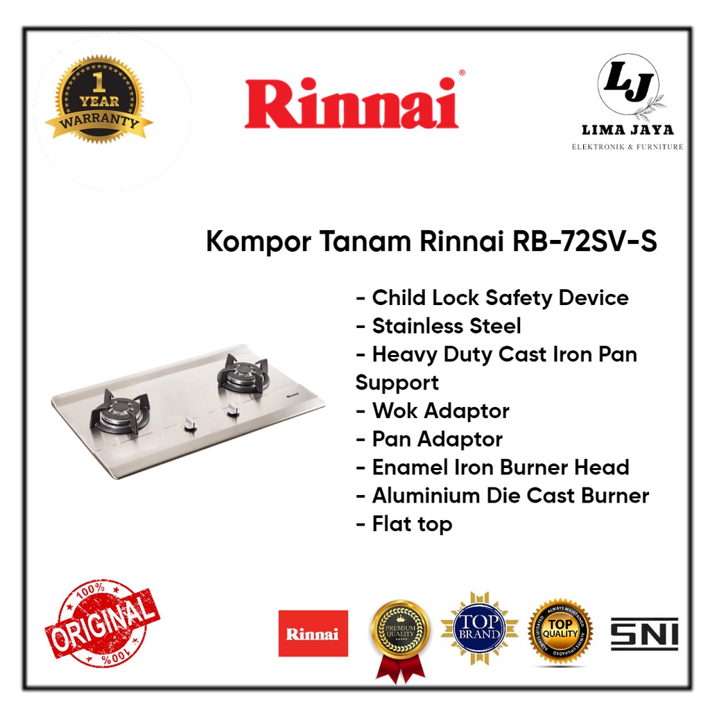 Kompor Gas Tanam 2 Tungku Rinnai RB-72S Stainless Kompor Tanam Rinnai
