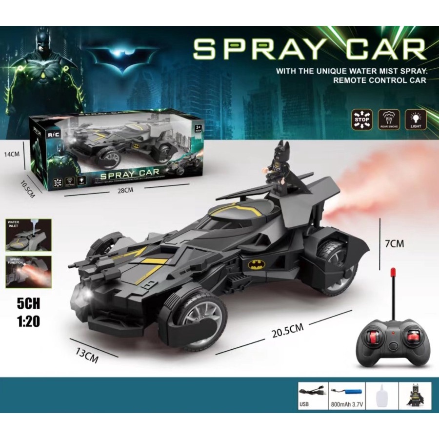 Mobil Remote Control Batmobile Smoke Spray 1:20 Baterai Charge dan ada Lampu