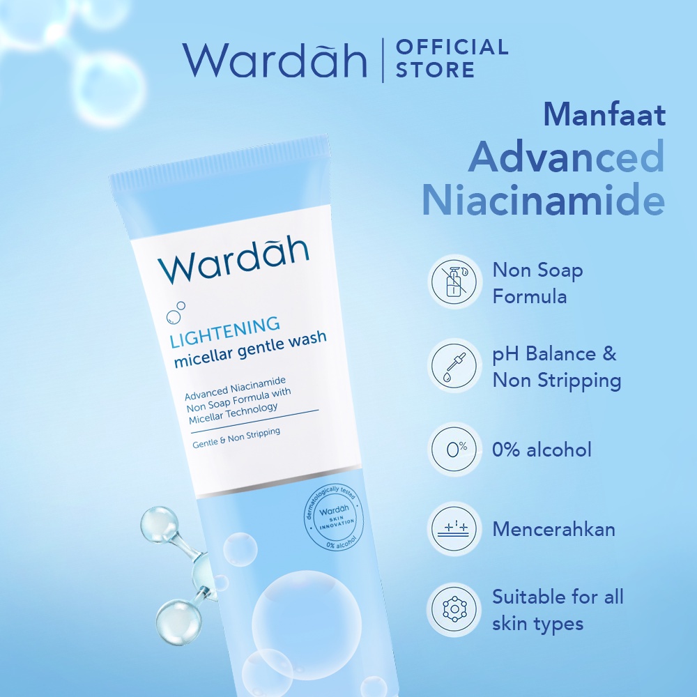 WARDAH Lightening Micellar Gentle Wash Indonesia / Pembersih Wajah 50ml 100ml / Advanced Niacinamide Non Soap Formula With Technology / Gentle &amp; Non Stripping / Facial Foam Cleanser Cleansing Water Makeup Glow Sabun Cuci Muka / Skincare Face Care Series