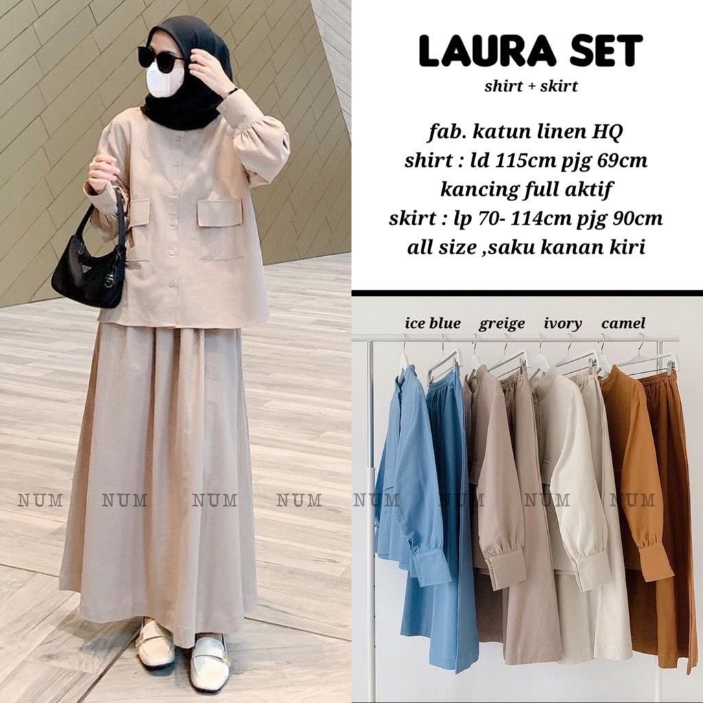 Laura Set Baju Setelan Wanita Dewasa Bahan Katun Linen M L XL Setelan Tunik Dan Rok Baju Ootd Hijab 