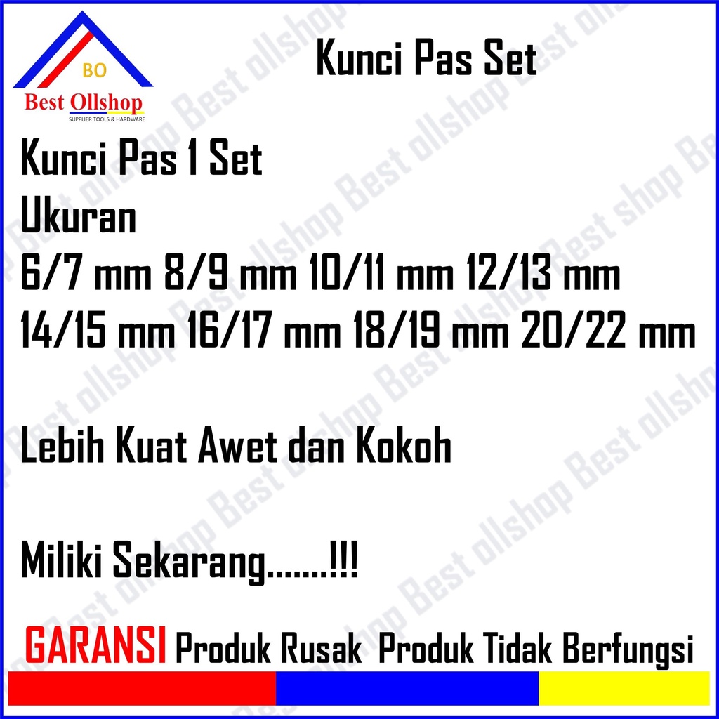 Kunci Pas Set 8 Pcs / Kunci Engkol Combination Wrench Spanner 6 mm - 22 mm Termurah