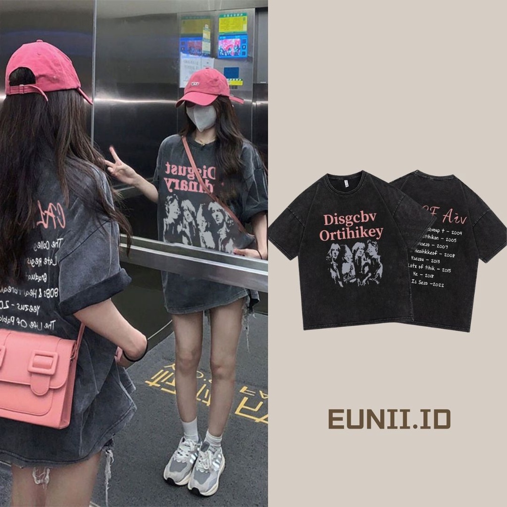 EUNII T-shirt Lengan Pendek Black Washed Retro Printing Korean Style/Kaos Atasan Wanita/Baju Wanita/Kaos Wanita