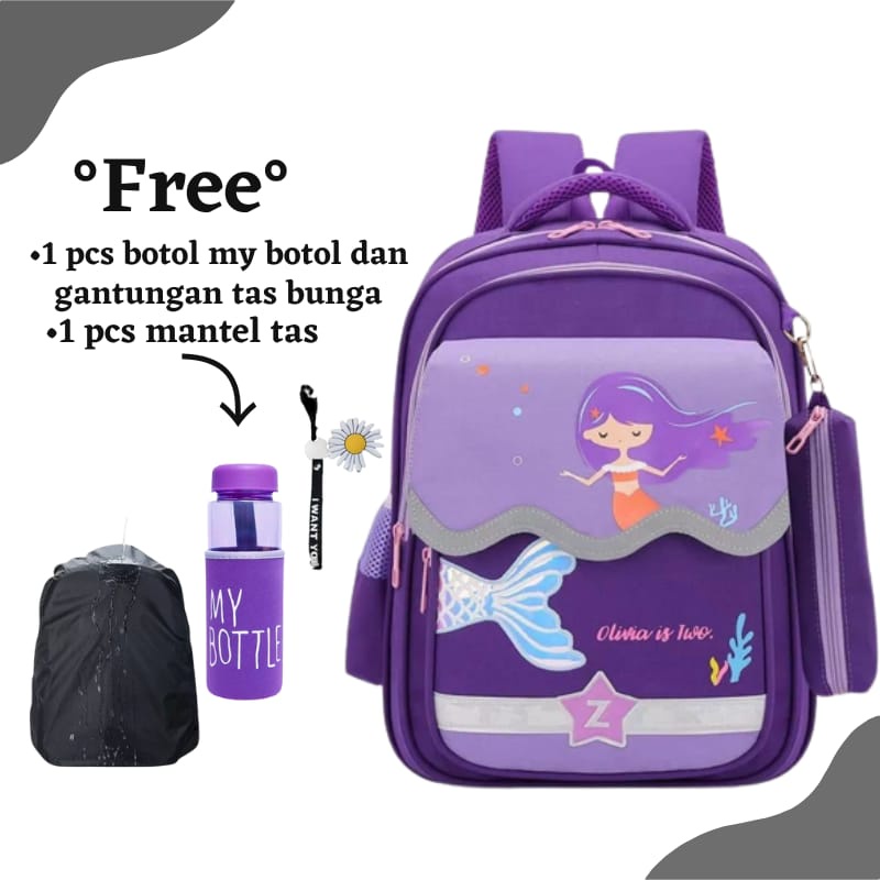 Tas Ransel Anak Sekolah Perempuan SD TK PAUD Motif Kartun Putri Duyung tas ransel free botol minum dan mantel tas