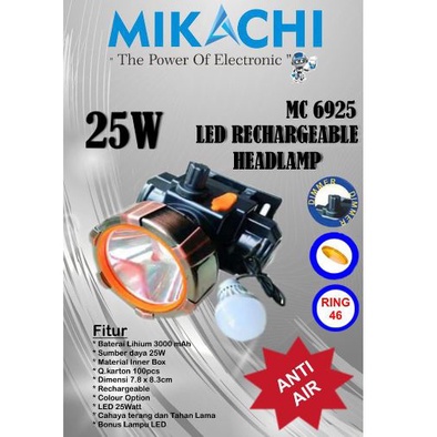 MIKACHI Senter Kepala 25 Watt Dimmer MC 6925P Bonus Lampu Led Head Lamp Mikaci 25W Dimer HeadLight Baterai Lithium Belor Termurah Berkualitas