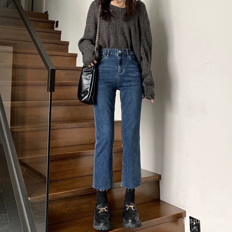 [✅BISA COD] #Sisjuly# Jeans lurus baru wanita dengan pinggang tinggi sembilan titik skinny jeans lon