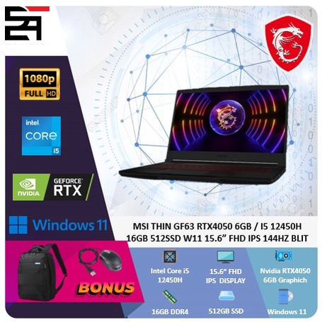 MSI THIN GF63 RTX4050-6GB i5 12450H 16GB 512GB SSD W11 15.6 Inchi FHD IPS 144Hz Blit