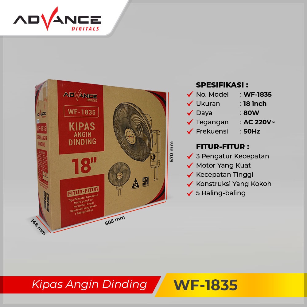 ADVANCE Kipas Angin Dinding 18 Inci Angin WF-1835 / Besi Wall Fan Rotary Five Blades Strong Wind