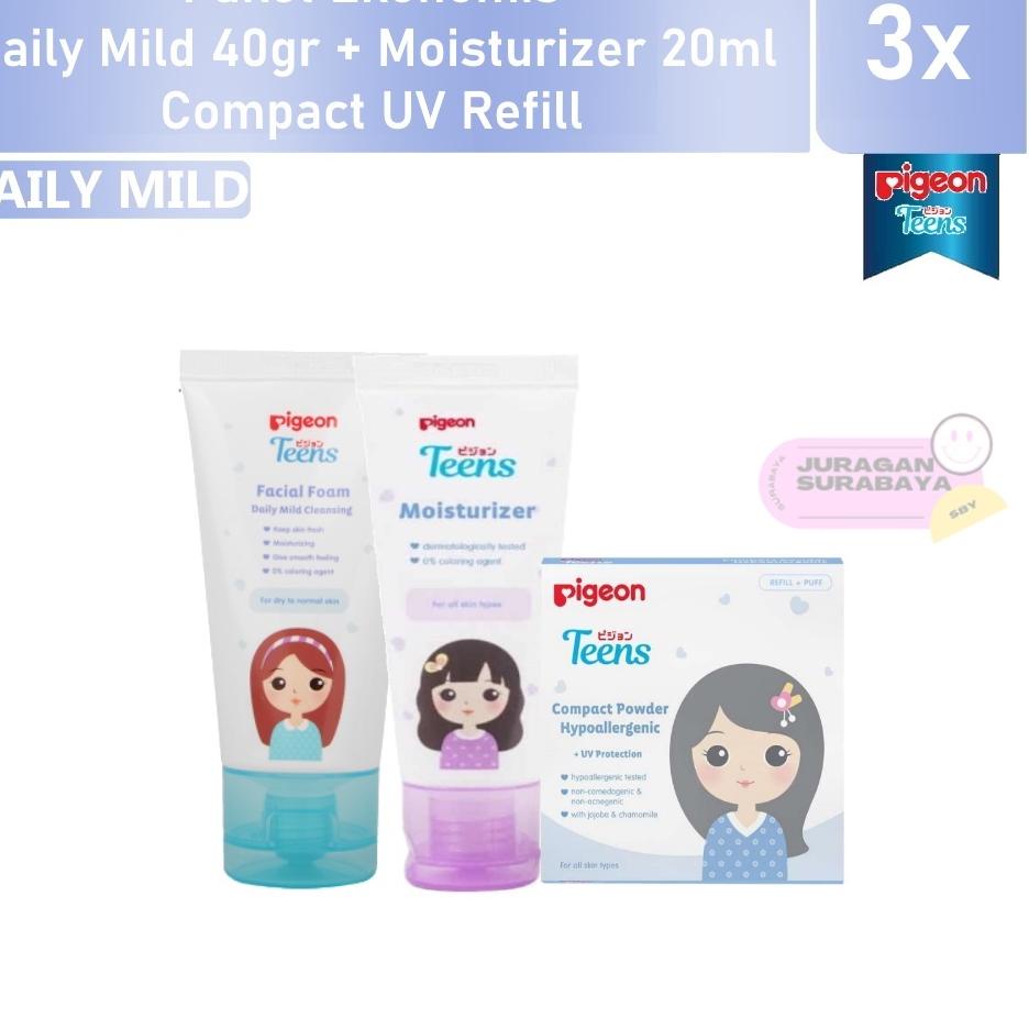 ♤ PIGEON TEENS Paket 3 Daily Remaja ( Daily 40ml+Moisturizer+Bedak UV Natural ) ➾