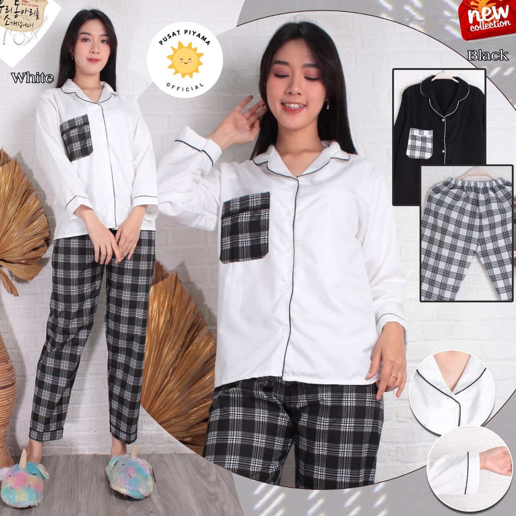 Setelan Baju Tidur Motif Kombinasi Kotak Kekinian Lucu unik Trend Piyama Cewek Kekinian