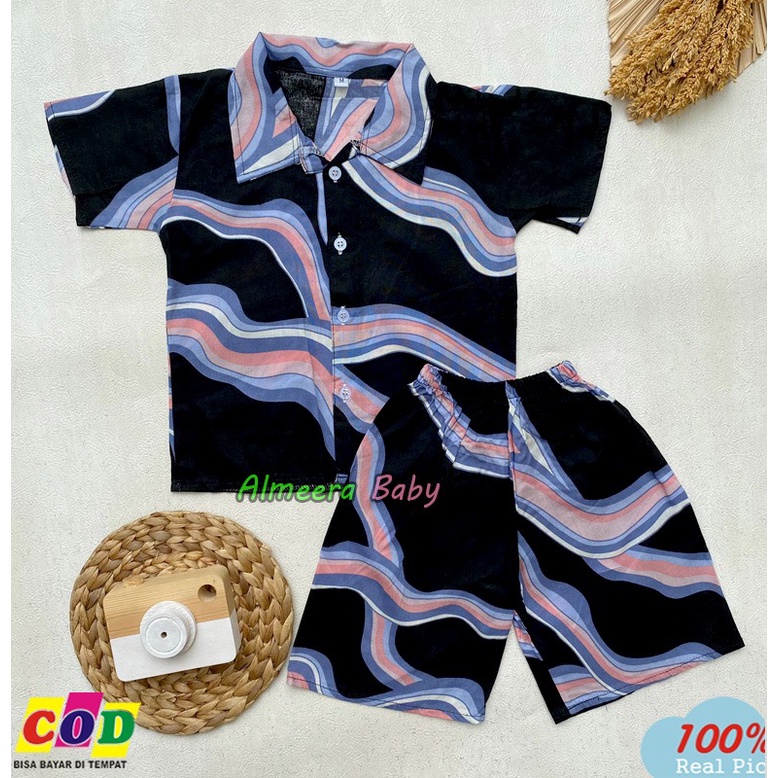 One Set Setelan Anak Rayon Lengan Pendek Motif Salur Usia 3-12 Bulan Almeera Baby and Kids