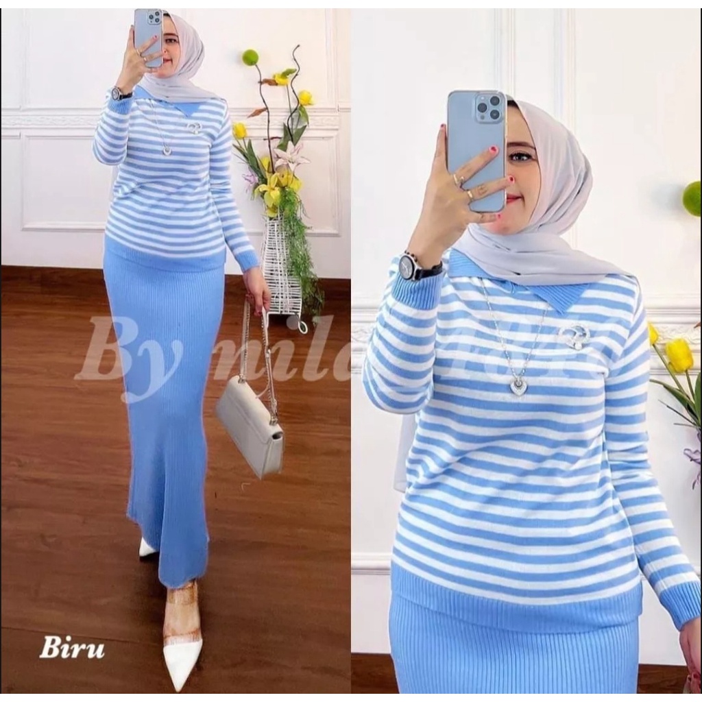 Satu Set  Stelan Baju Dan Rok Wanita Motif Salur bahan Rajut
