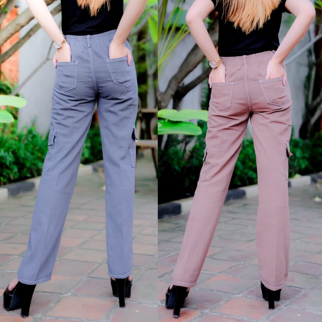 alvan.id Celana Highwaist Cargo Jeans Wanita Loose belakang pinggang karet