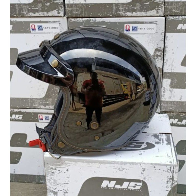 Helm NJS NR 80s Retro Solid full Leher Original,SNI