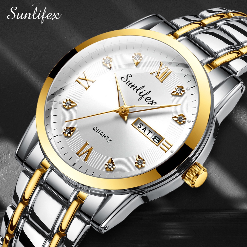 Sunlifex Jam Tangan Pria Original Kuarsa Tali Stainless Steel Calendar Mewah Mode Pria Jam Tangan Cowok Anti Air-RoseWhite-1
