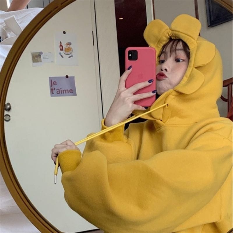 Sun Flower Sweater Cute Hoodie Oversize Wanita - Sweater Oversize Hoodie Sweatshirt Korean Style