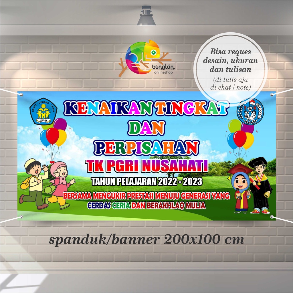 Size 200x100 Cm, Spanduk Banner Kenaikan Kelas & Perpisahan PAUD, TK, Kober, RA, Dll