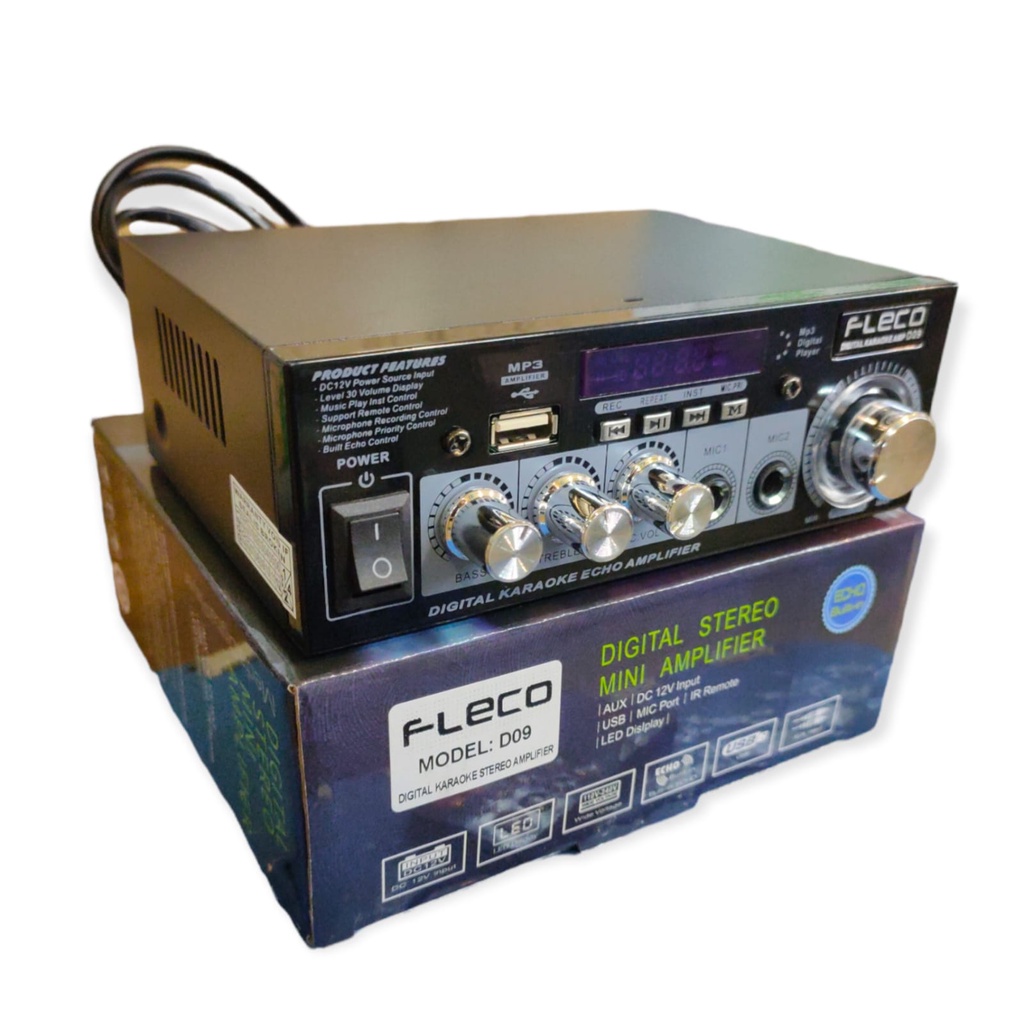 COD POWER AMPLIFIER KARAOKE DIGITAL FLECO D-09//POWER AMPLI DIGITAL STEREO MINI 12V/USB/MP3 PLAYERFLECO D-09 TERLARIS