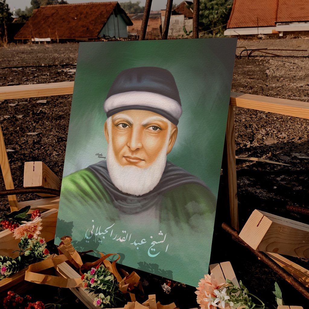 Lukisan Syekh Abdul Qodir Al Jaelani di Papan MDF ukuran (30x40 cm dan 20x30 cm) Poster Kayu, Hiasan