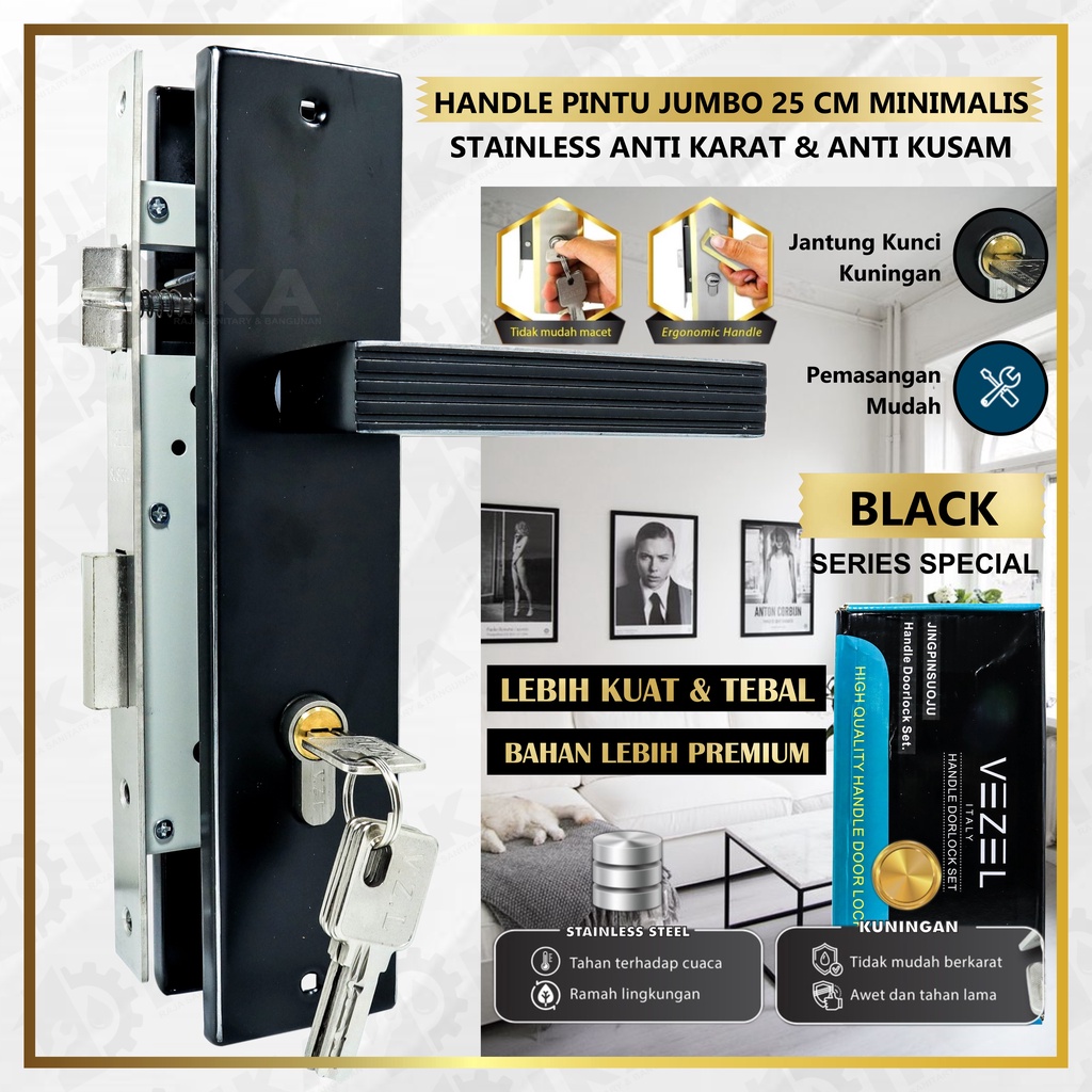 Handle Kunci pintu rumah Set ukuran Besar 25cm BLACK Hitam Minimalis Gagang Pintu Gaya Eropa Full Set / Kunci Pintu Premium
