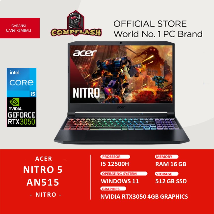 LAPTOP GAMING ACER NITRO 5 AN515 INTEL I5 12500H RTX3050 RAM 16GB 512GB SSD W11+OHS 15.6FHD IPS 144HZ