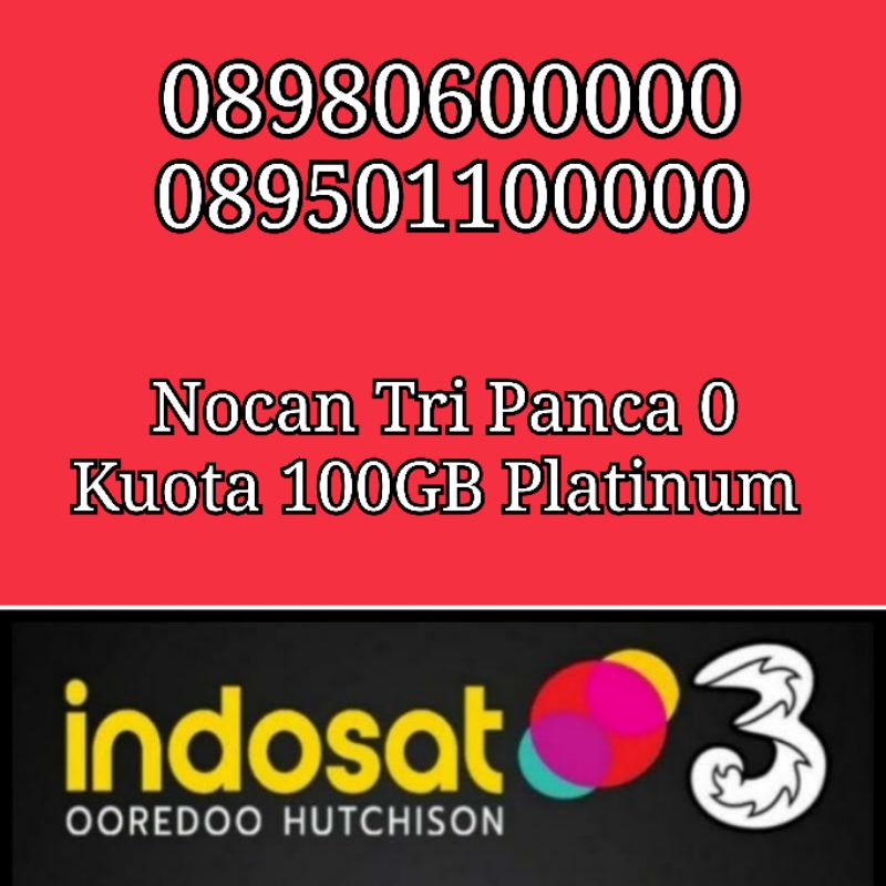 Nomor Cantik Nocan Panca 0 Kartu Perdana Tri Three 4G LTE Kuota 100GB Platinum