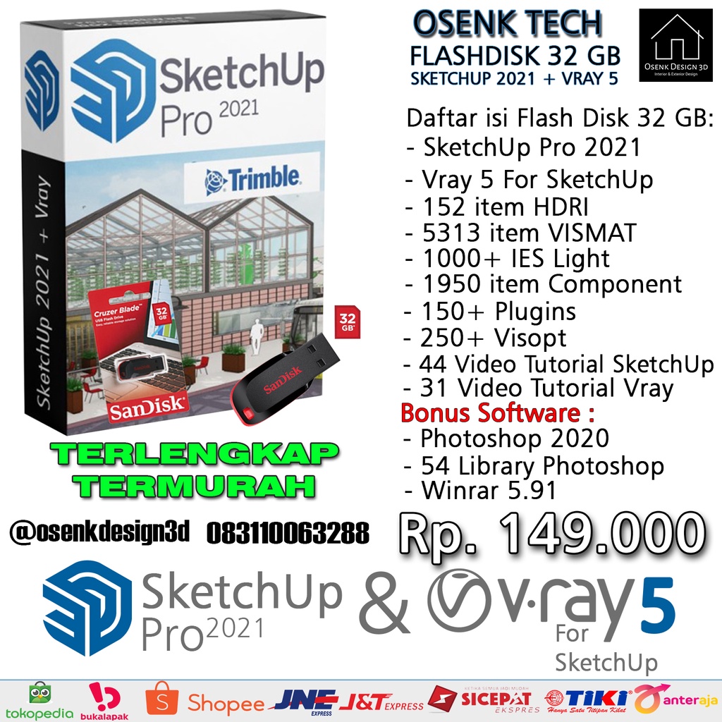SKETCHUP 2021 VRAY 5 BONUS RIABUAN ASSET SANDISK 32 GB