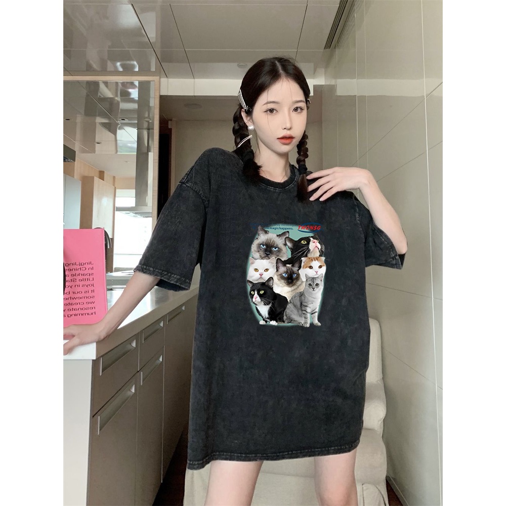 XIAOZHAINV Korean Style Cat Pattern Washed Printing Kaos Wanita A0083