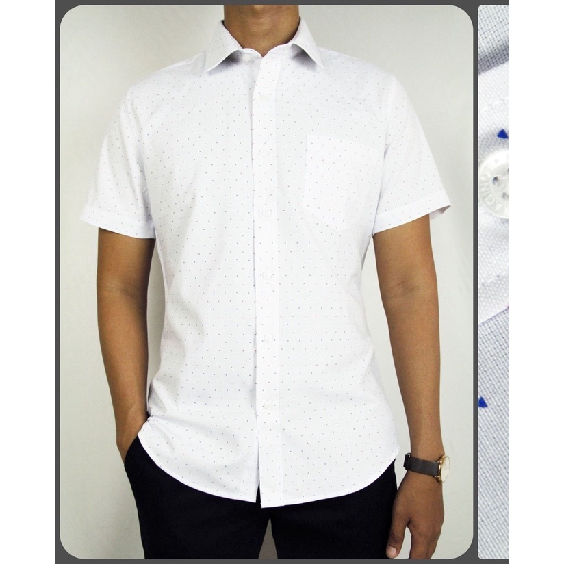 Kemeja Pria Formal Slimfit Maginot Lengan Pendek Putih Motif Polkadot 08 | Kemeja Kantor/Kerja