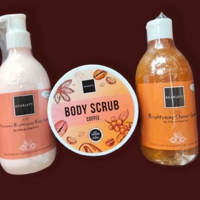 ♣ Paket Scarlett 3 item ( lotion + shower coffe + scrub coffe+ free sponge mandi) ✲