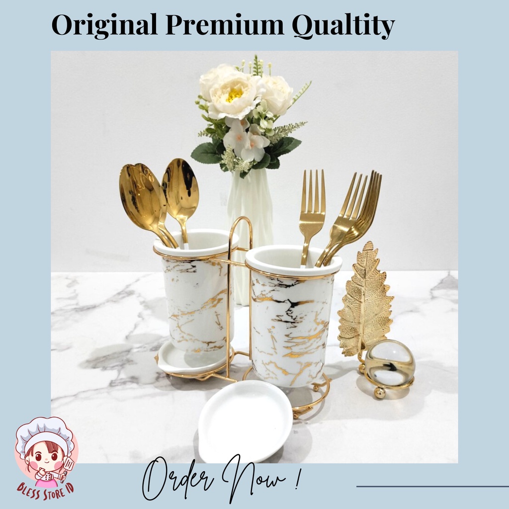HJK Tempat Sendok Keramik Mewah Wadah Sendok Keramik Marble Set