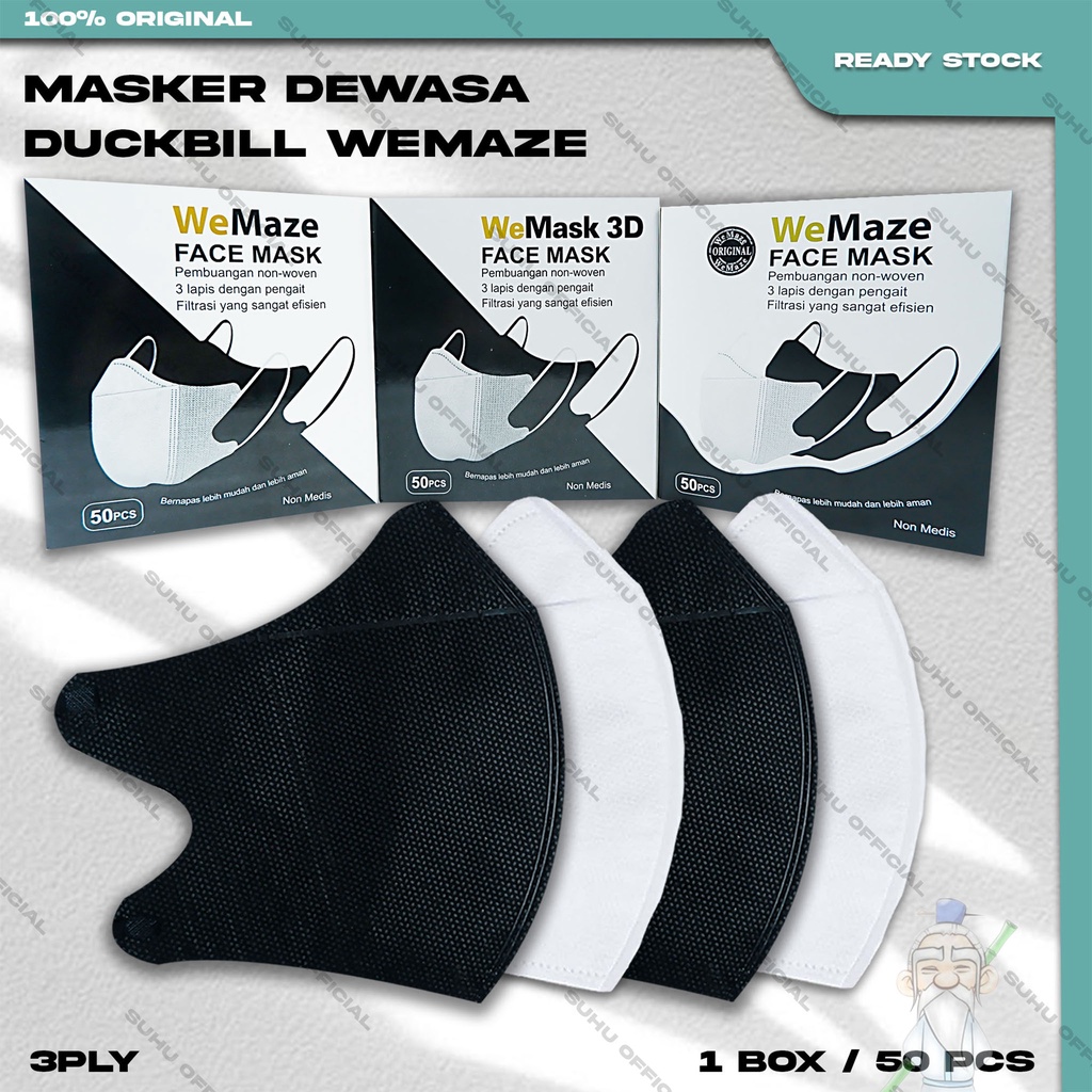 ❤️ SUHU ❤️ Masker Duckbil WEMAZE 3Ply Isi 50Pcs Putih White Duckbill Garis Earloop Surgical Mask