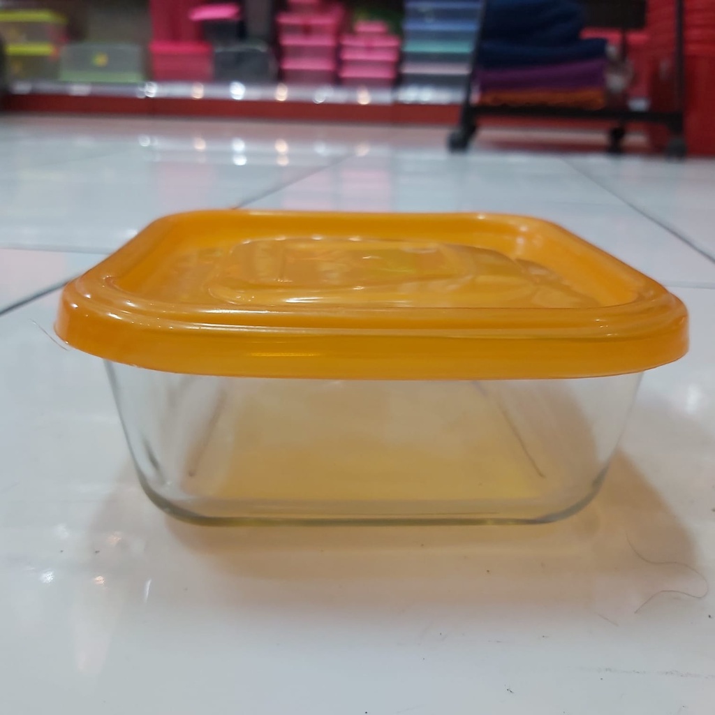 Mangkok Kaca Kotak Tebal + Tutup Plastik 15 cm - Warna Random