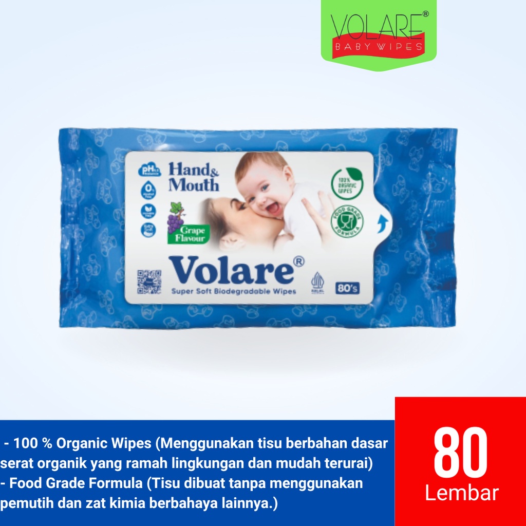 VOLARE BABY WIPES HAND &amp; MOUTH FOOD GRADE BIODEGRADABLE 80 SHEETS