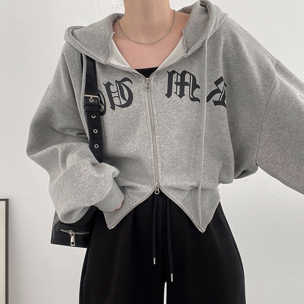 DOUBLE ZIPER HOODIE JAPANESE SEMI CROOPE - JAKET SEMI CROP WANITA KOREAN STYLE