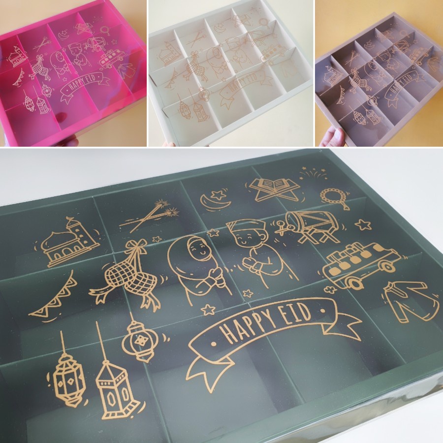 

( 5pcs ) Dus box packaging kue eggtart fruit pie bakpao kue soes tema lebaran idul fitri sekat 12 lubang ukuran 7.3x7.3 cm