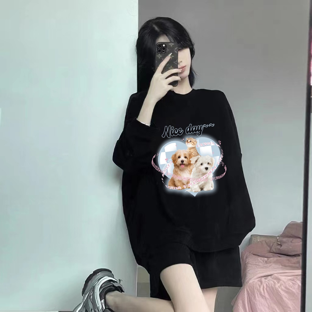 Kaos Stasan Wanita Oversize Couple Sweater American Vintage Cute Cat Cartoon Graphic Priting Top Kekinian Casual Sweater