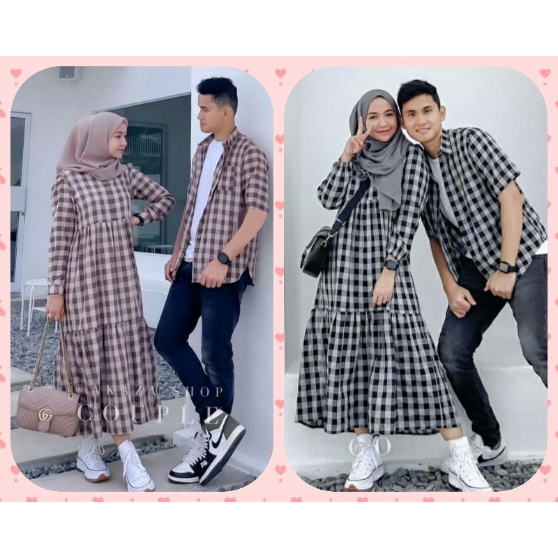 Gamis Couple Brilliant Set Hijab / Gamis Couple Pasangan / Couple Musl Couple Kotak Hitam Putih/Set