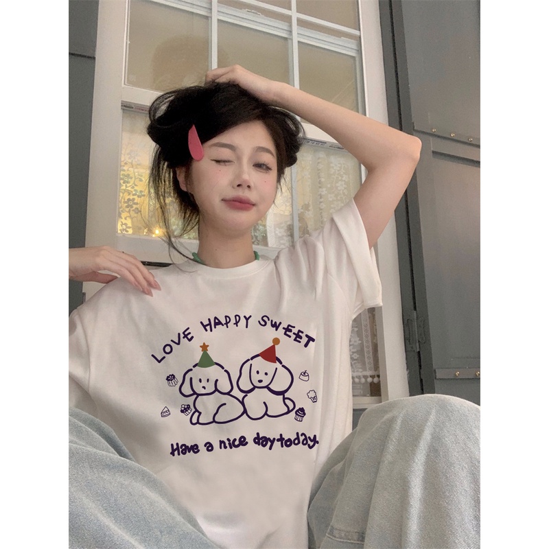 EUNII T-shirt Lengan Pendek Cartoon Birthday Dog Korean Style/Kaos Atasan Wanita/Baju Kaus Oversize Wanita/Kaos Wanita