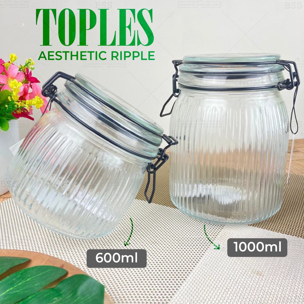 Toples Kaca Aesthetic Ripple 0.6L 1L Wadah Bumbu Makanan Camilan Kue Kering Lebaran Kedap Udara Glass Jar Tutup Kait