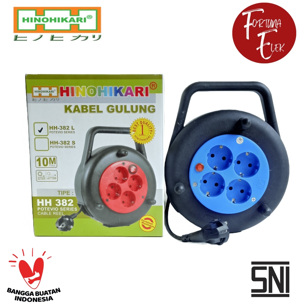 HINOHIKARI Box Kabel Gulung Roll 4 Lubang Lampu / Saklar + Kabel 10 Meter HH 382 S / L Lamp / Switch Standar SNI Warna Random