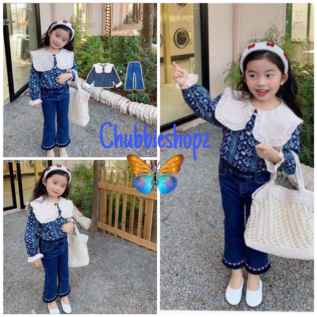 CHUBBI 21 Setelan Set Anak Perempuan Blouse Bunga Biru + Jeans Cutbray