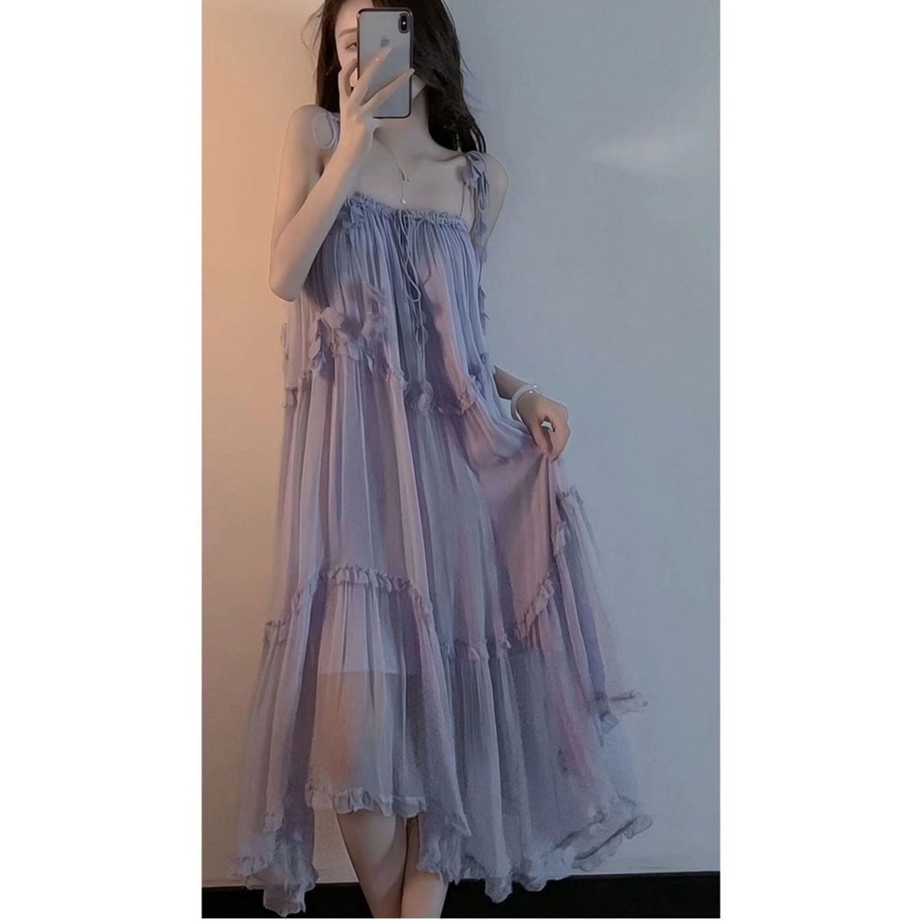 Gaun peri peri super lembut Prancis yang lembut, ceruk desain ceruk rasa resor tepi pantai, gaya gau